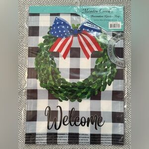 Meadow Creek Decorative Garden Americana Flag with Wreath and Welcome Text NEW